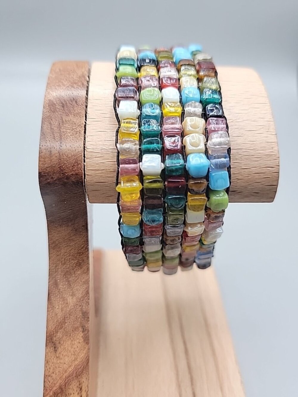 Multi Semi-Precious Gem Stone Glass Mosiac Stretch Bracelet Up To 8" Rough Cut - Picture 2 of 8